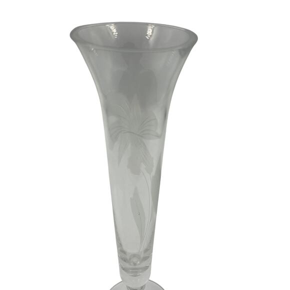 Vintage Crystal Clear Glass Skinny Tall Floral Etched Decorative Vase Footed - Picture 3 of 7